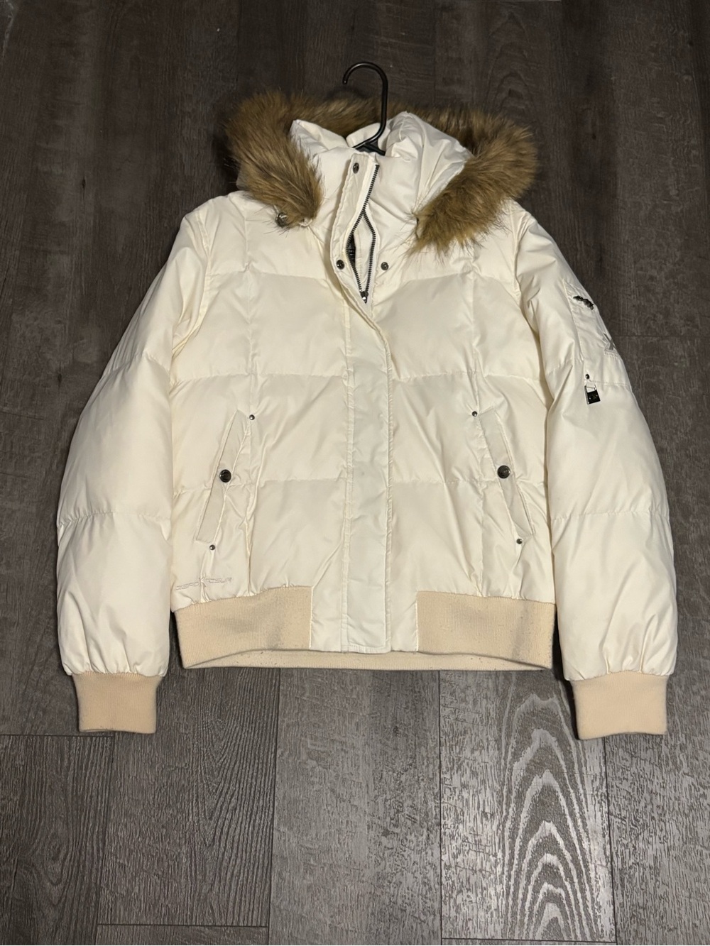 ZeroXposur Women's Cream Hooded Quilted Puffer Jacket with Faux Fur Trim